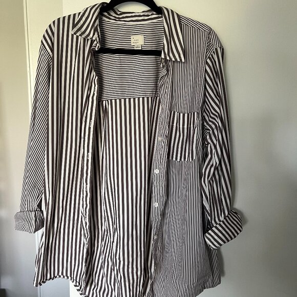 A New Day Striped Brown and White Button Down Shirt Size Large - Picture 1 of 4